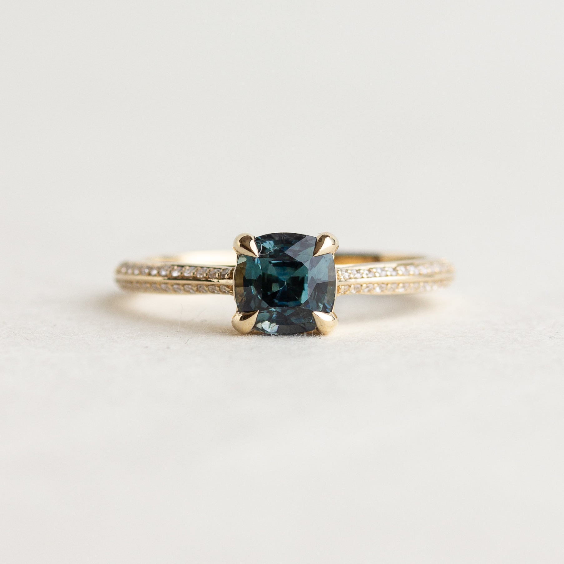 Solitaire Cushion Sapphire Engagement Ring / Pave Band