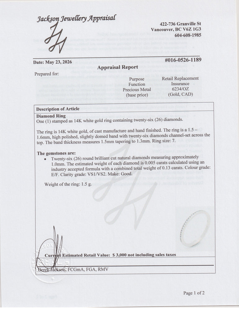 Jewellery appraisal report for a diamond ring with detailed specifications and values.