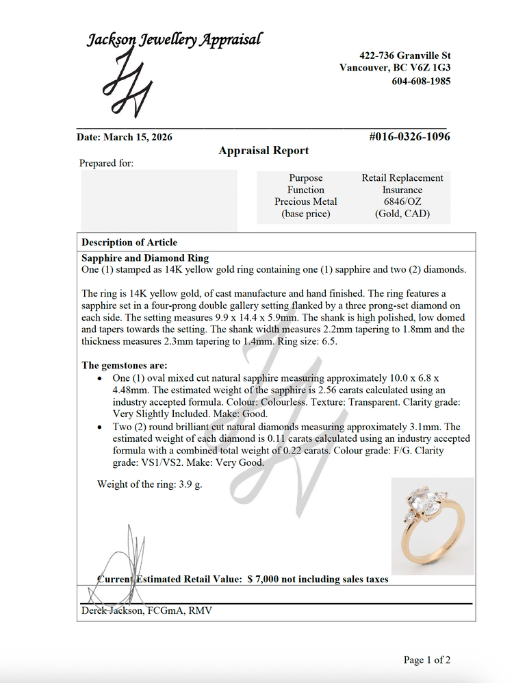 appraisal document for ring valued at $7,000