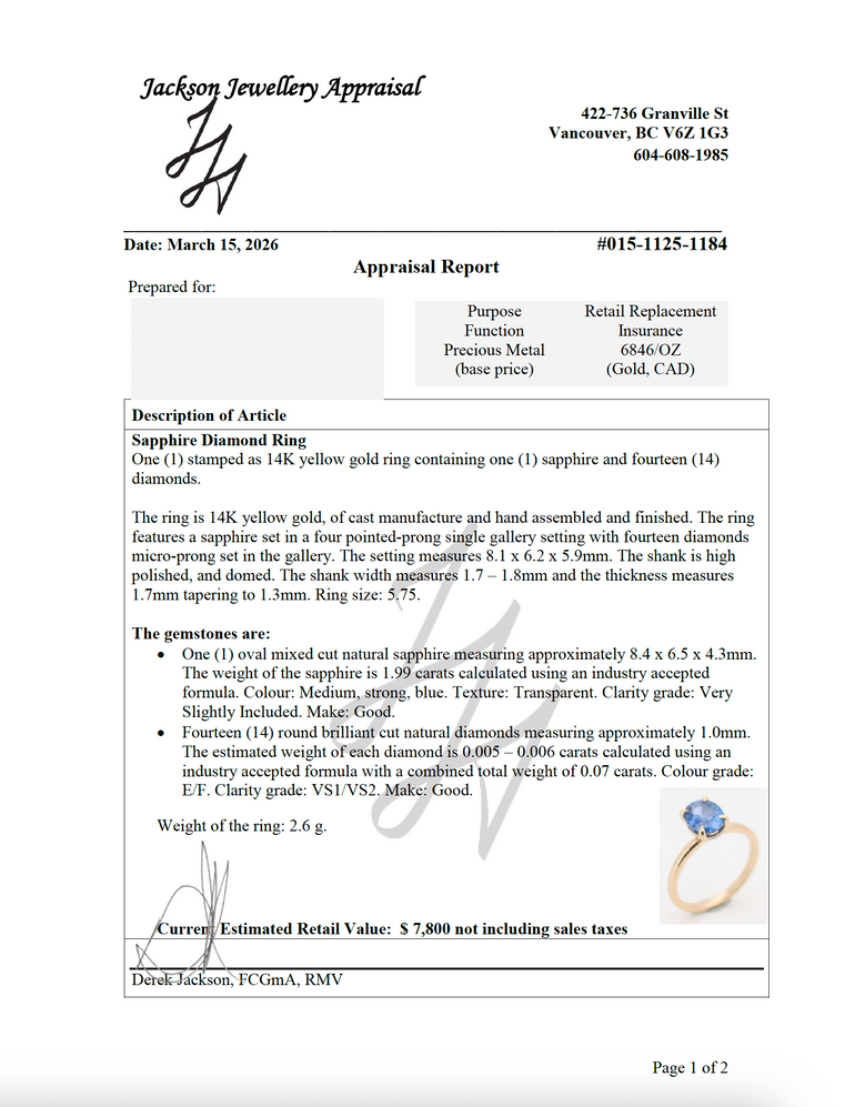 Avery Ring appraisal for $7,800