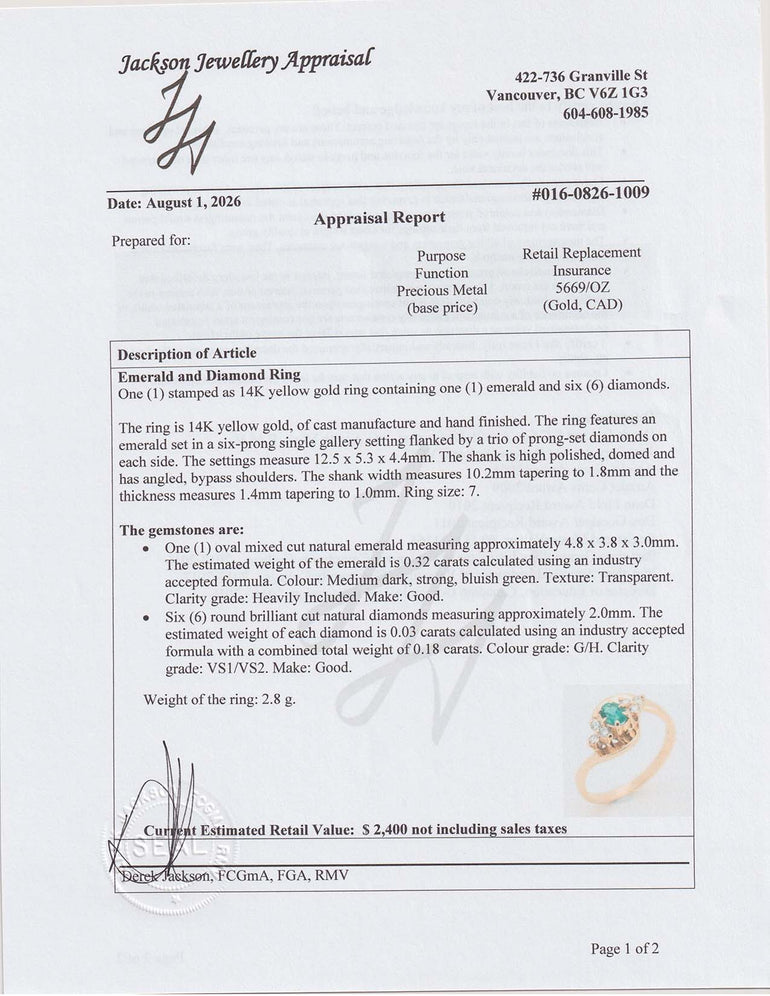 Vintage Emerald and Diamond Bypass Engagement Ring Appraisal