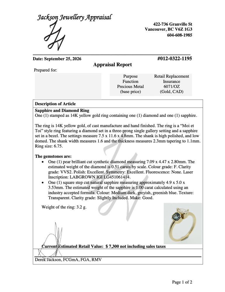 Toi et Moi Sapphire and Laboratory-grown Diamond Ring Appraisal