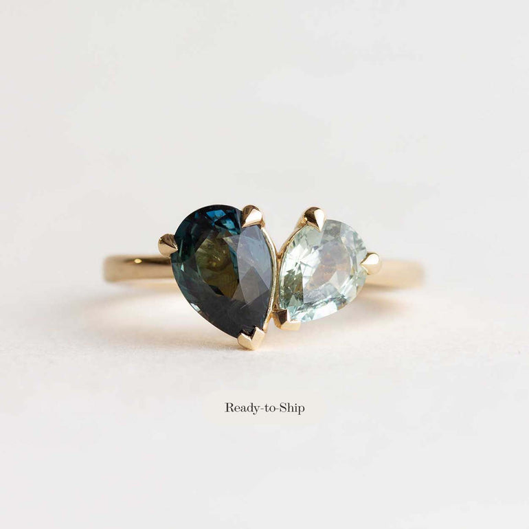 Pear Teal Sapphire Toi et Moi Ring