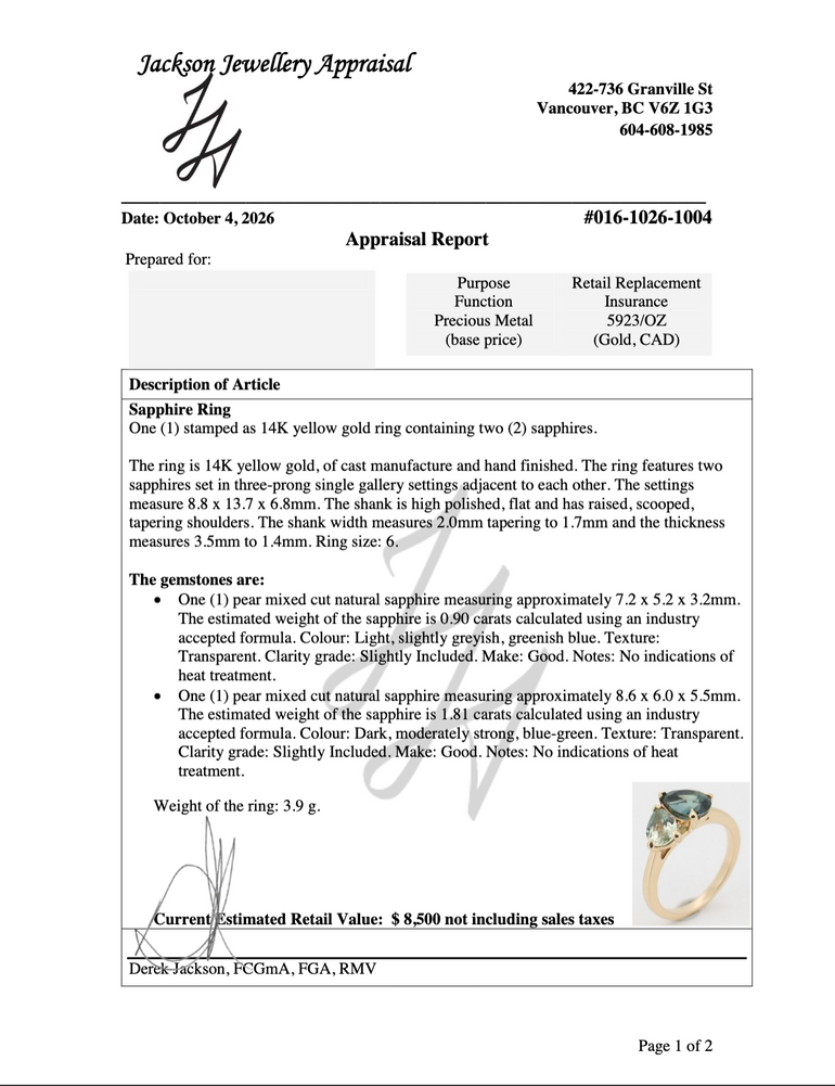Pear Teal Sapphire Toi et Moi Ring Appraisal