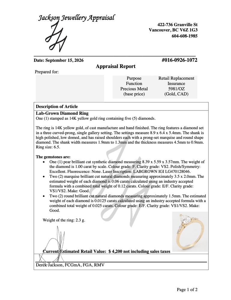 pear 5 stone lab diamond ring appraisal