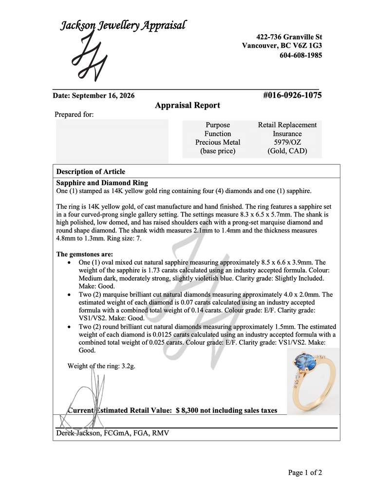 Appraisal for yellow gold ring with blue sapphire and natural diamonds