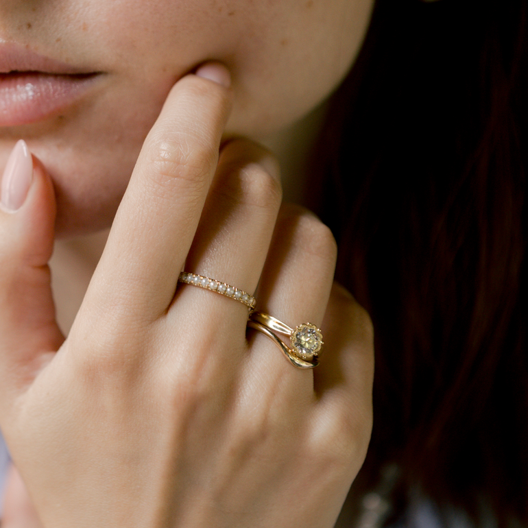 Wedding Band with pearls set in 14k yellow gold
