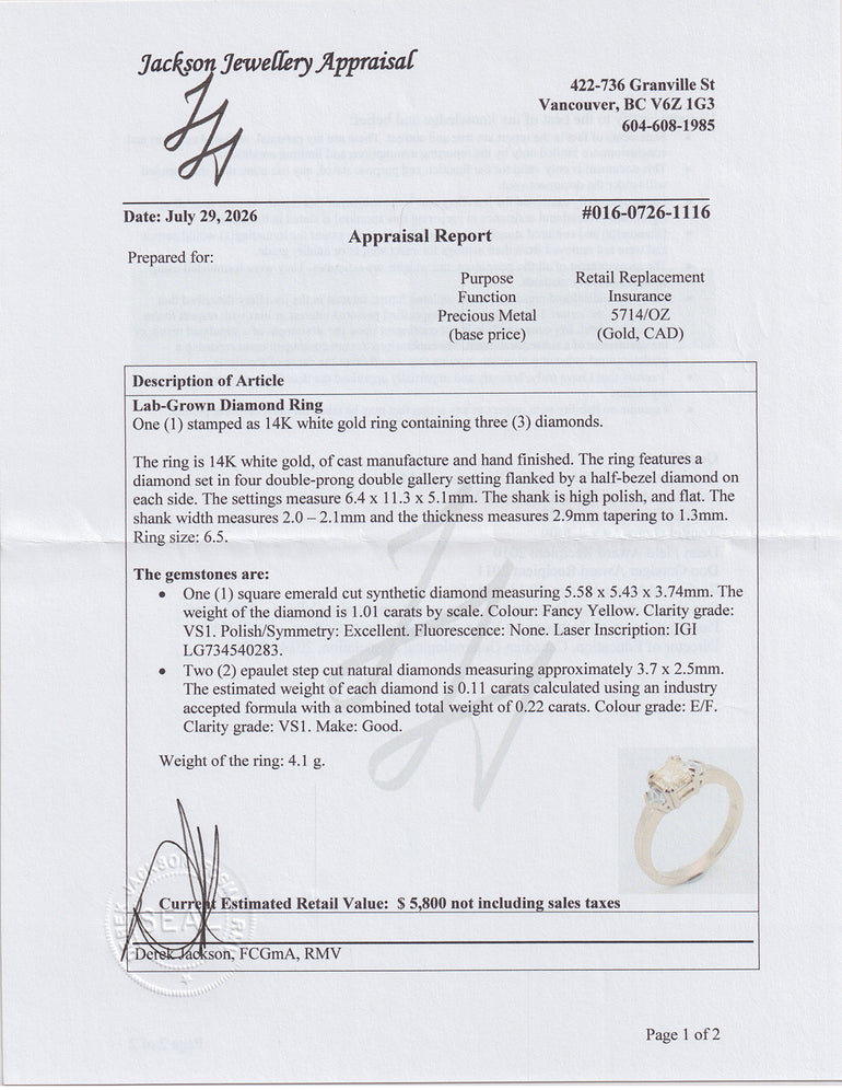 A diamond appraisal report from Jackson Jewellery Appraisal, detailing a one-carat round brilliant cut synthetic diamond ring with specifications, gemstones, and a diamond carat weight chart.