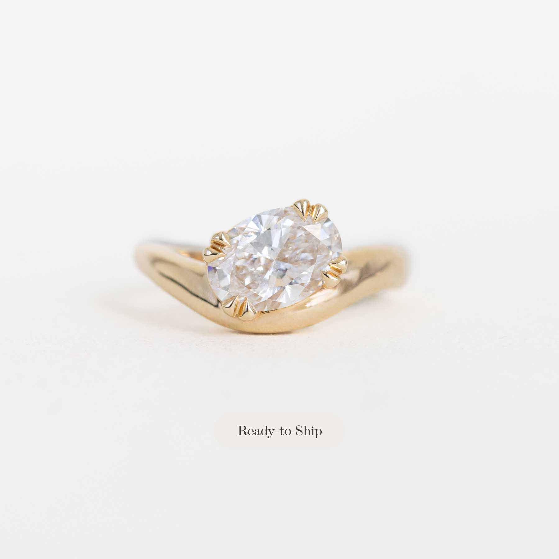 Oval Lab-grown Diamond Asymmetrical Wave Engagement Ring in 14K Yellow Gold