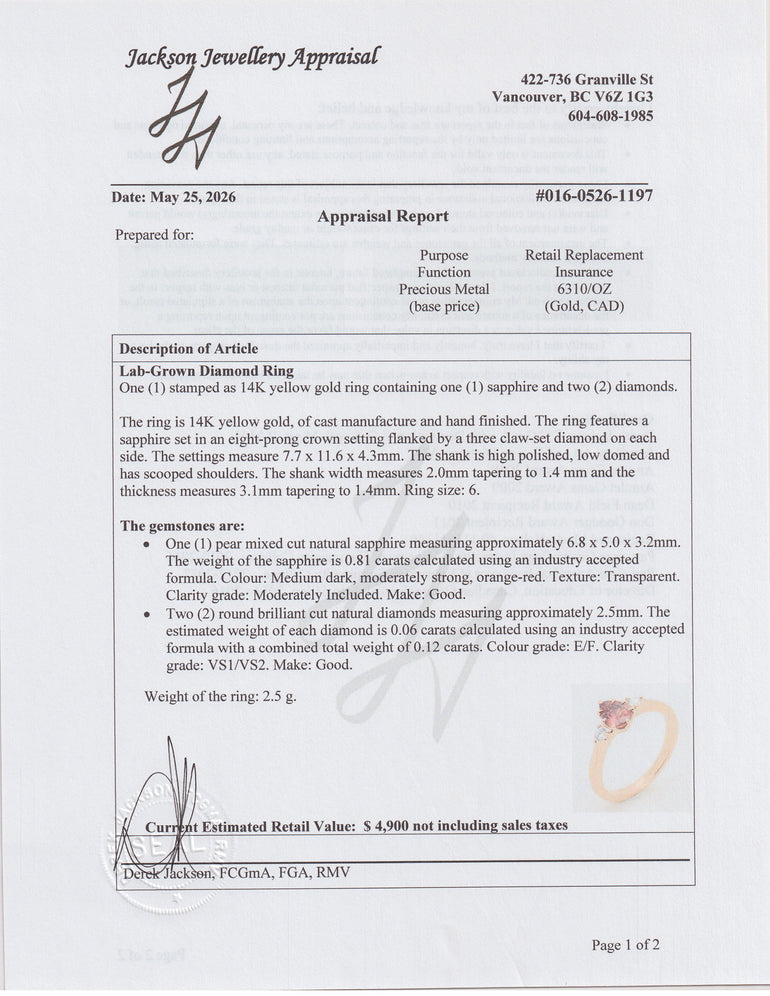 Jewellery appraisal report for a lab-grown diamond ring with detailed specifications.