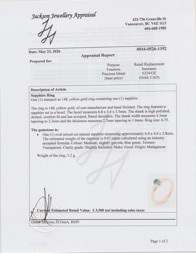 Jewellery appraisal report for a sapphire ring with detailed description and appraisal details.