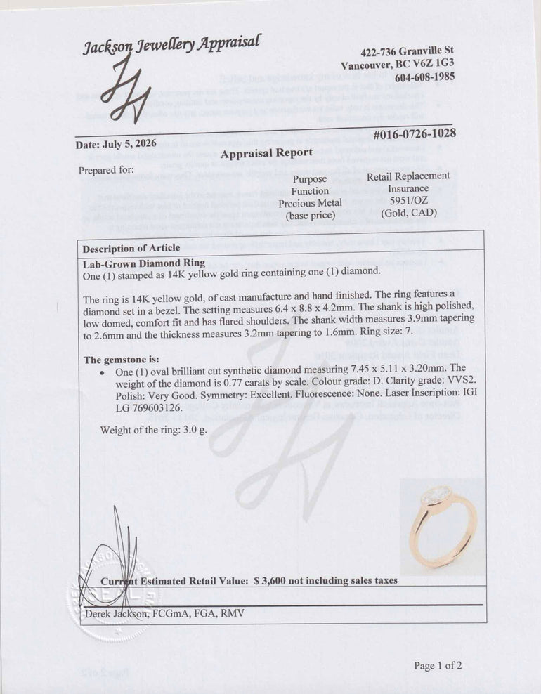 An appraisal report page from Jackson Jewellery Appraisal detailing an oval lab-grown diamond ring. The report includes a description of the ring's features (yellow gold, bezel-set, round brilliant cut diamond, 3.