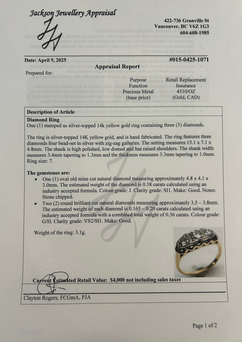 Jackson Jewellery Appraisal document with a diamond ring on a gray background