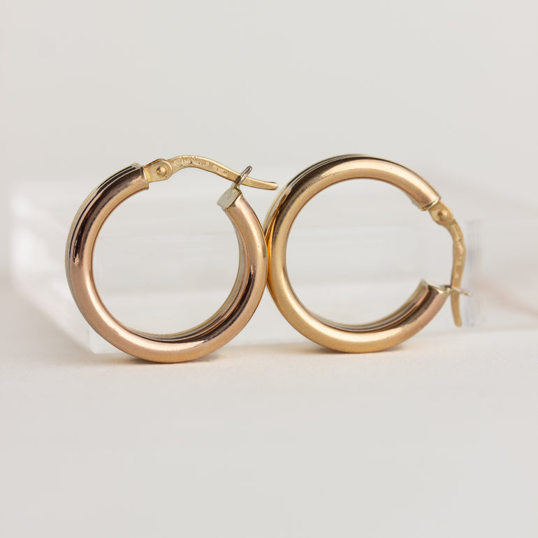 Vintage Chunky Gold 18K Tri-tone Hoop Earrings