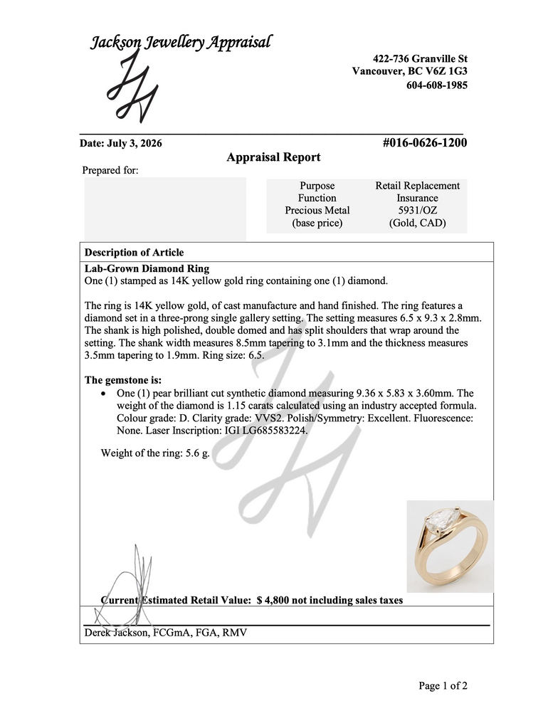 A jewelry appraisal report page from Jackson Jewellery Appraisal, detailing the description and characteristics of a lab-grown diamond ring.