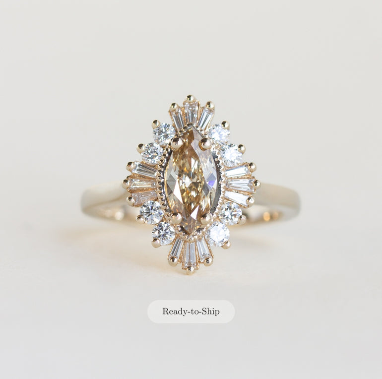 14K gold ring with champagne diamond and halo