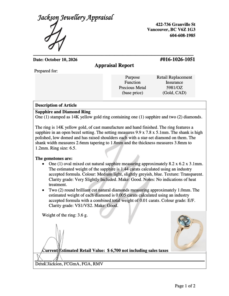 Oval Bezel Set Sapphire Engagement Ring Appraisal