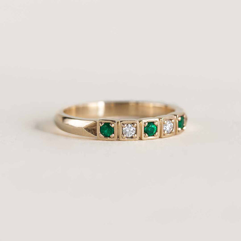 Yellow gold vintage inspired ring with diamonds and emeralds