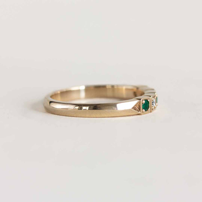 Yellow gold vintage inspired ring with diamonds and emeralds