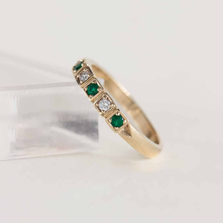 Yellow gold vintage inspired ring with diamonds and emeralds