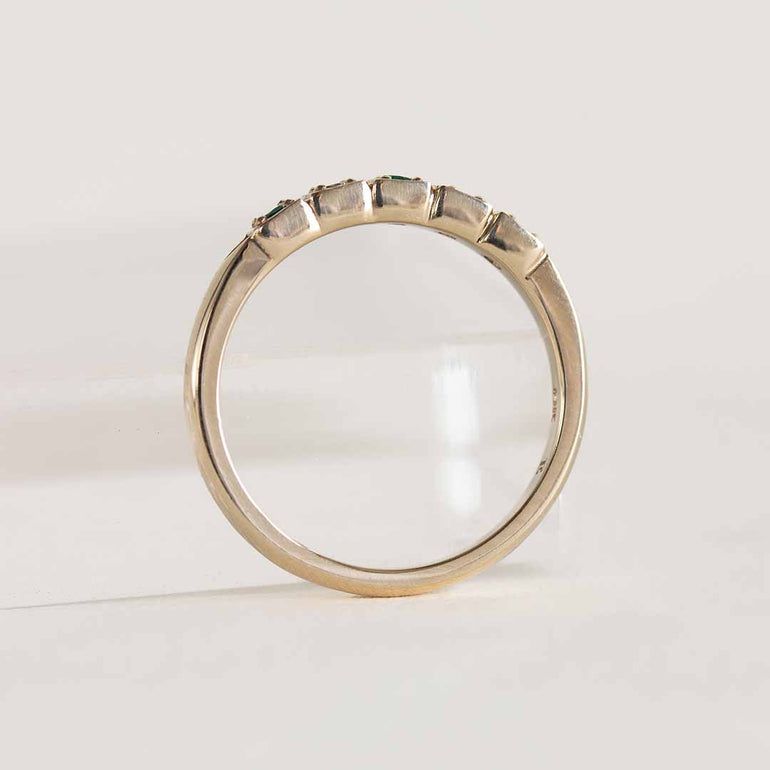 Yellow gold vintage inspired ring with diamonds and emeralds