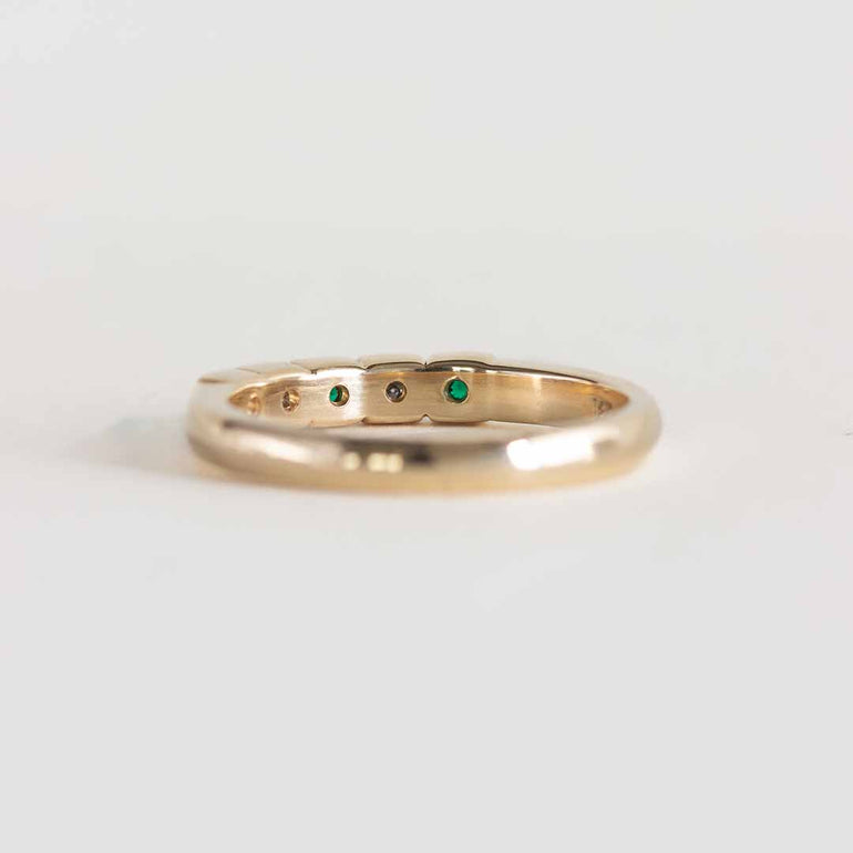 Yellow gold vintage inspired ring with diamonds and emeralds