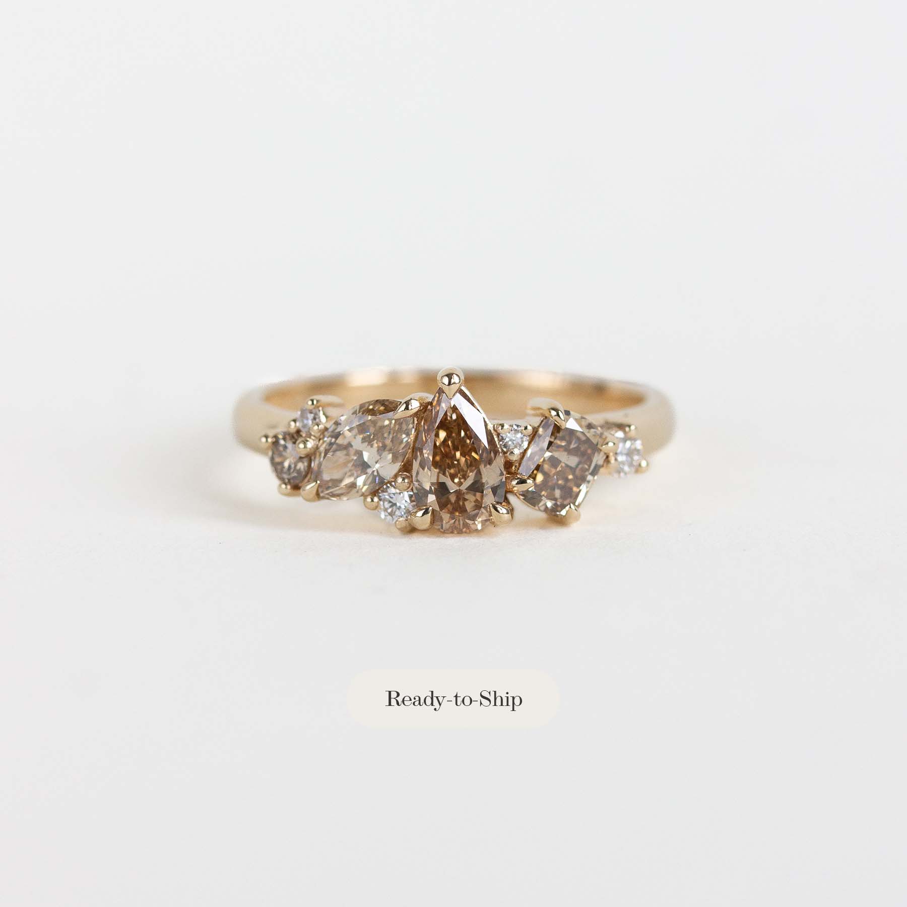 A gold ring cluster ring with champagne and clear natural diamonds, shown on a plain white background with 'Ready-to-Ship' text below.