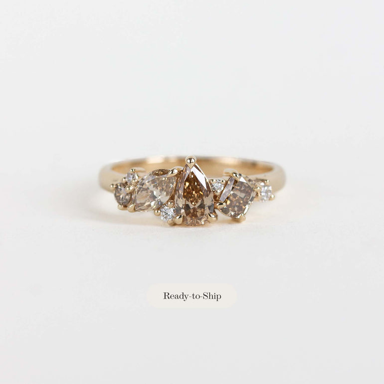 A gold ring cluster ring with champagne and clear natural diamonds, shown on a plain white background with 'Ready-to-Ship' text below.