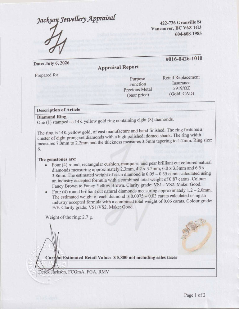 An appraisal report page for a diamond ring, showing handwritten and printed details, a diamond identification swatch, and a small inset photo of the ring near the bottom right.