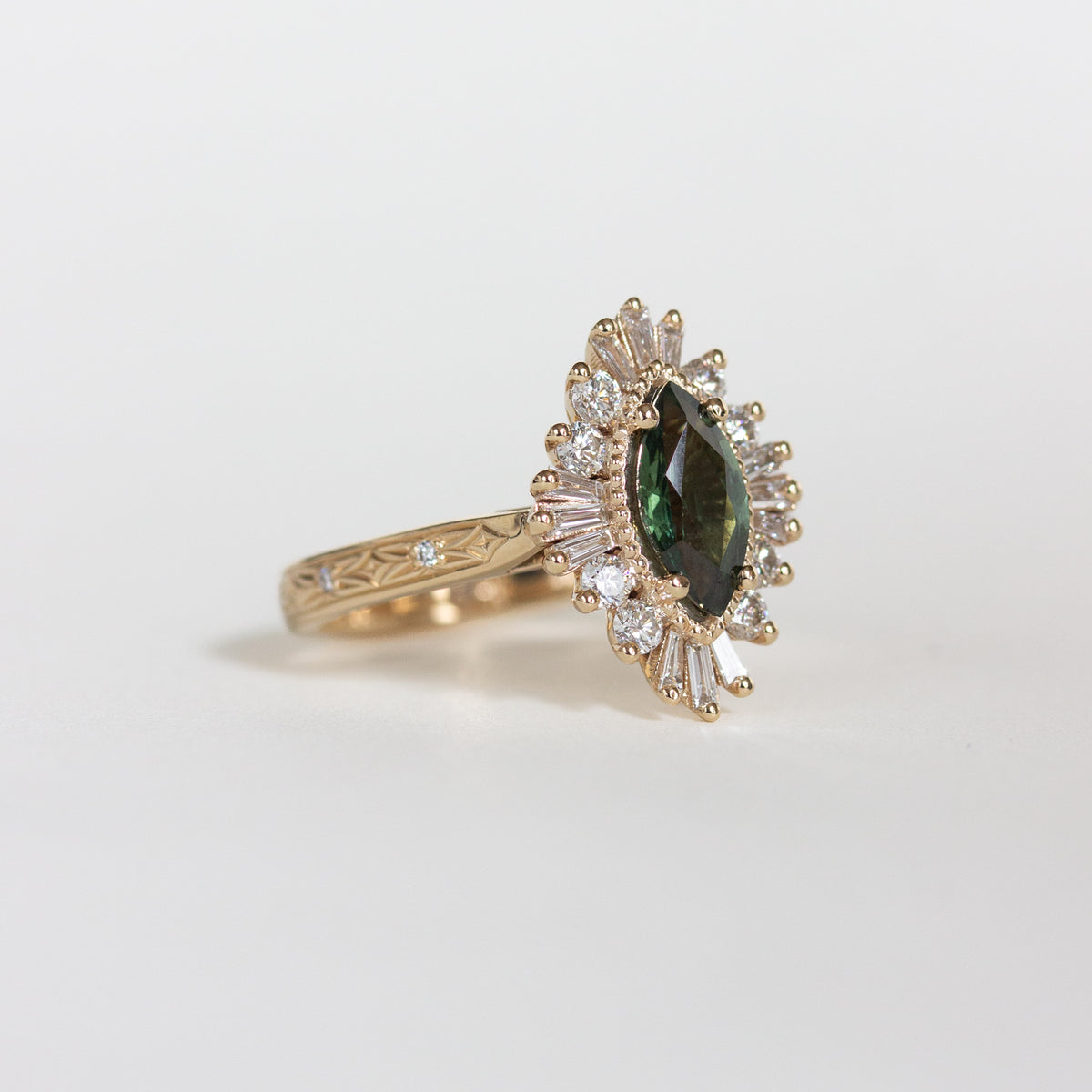 Ornate Engraved Halo Engagement Ring