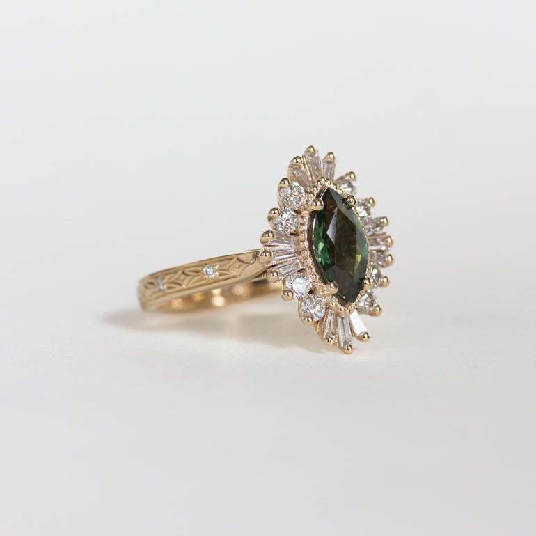 Ornate Engraved Halo Engagement Ring