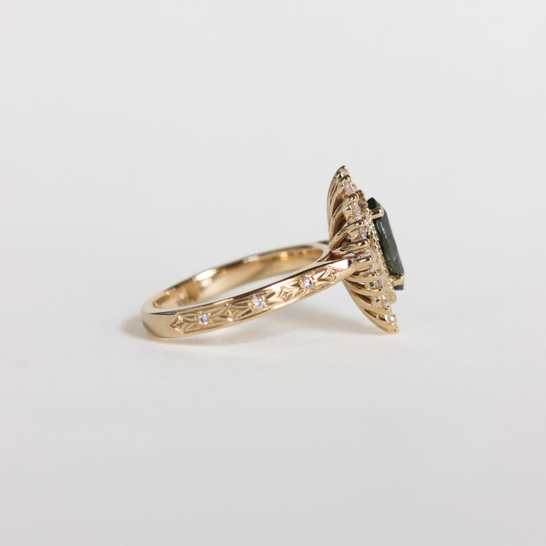 Ornate Engraved Halo Engagement Ring