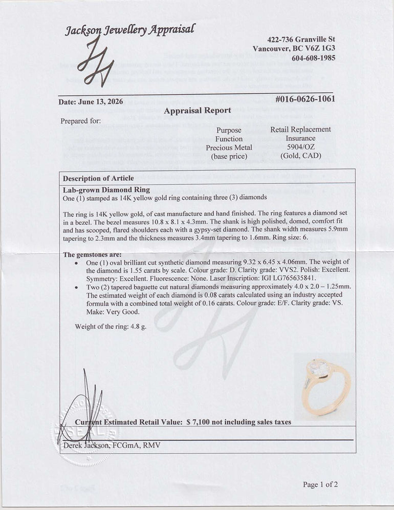 A scanned appraisal report from Jackson Jewellery Appraisal dated June 13, 2026, detailing the description, measurements, and characteristics of a lab-grown diamond ring.