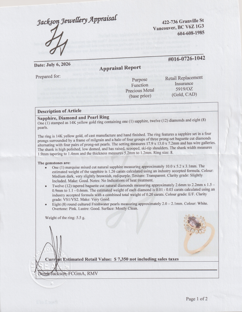 An appraisals report page for a Sapphire, Diamond, and Pearl Ring by Jackson Jewellery Appraisal, dated July 6, 2026. The page includes a gold signature, the appraiser's details, and a small inset photograph of the ring on a white background.