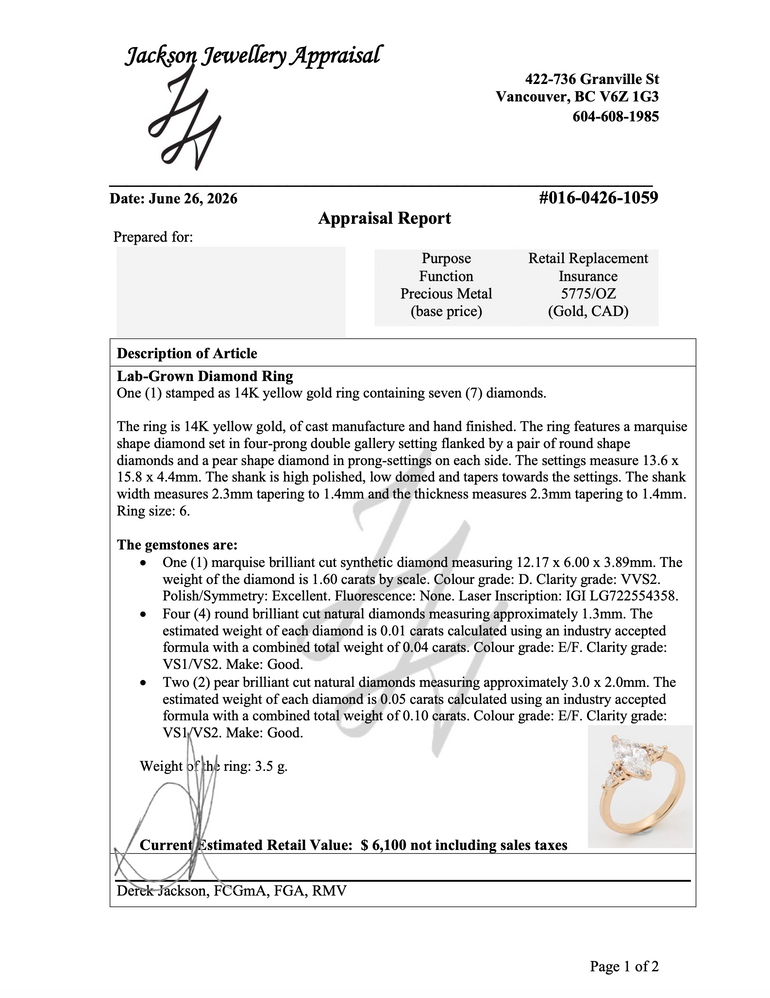 Jewellery appraisal report for a lab-grown diamond ring with detailed specifications.