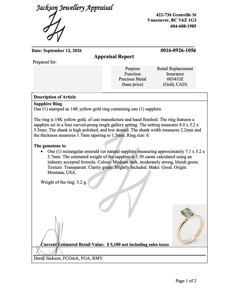 Emerald-cut Montana Teal Sapphire Engagement Ring Appraisal