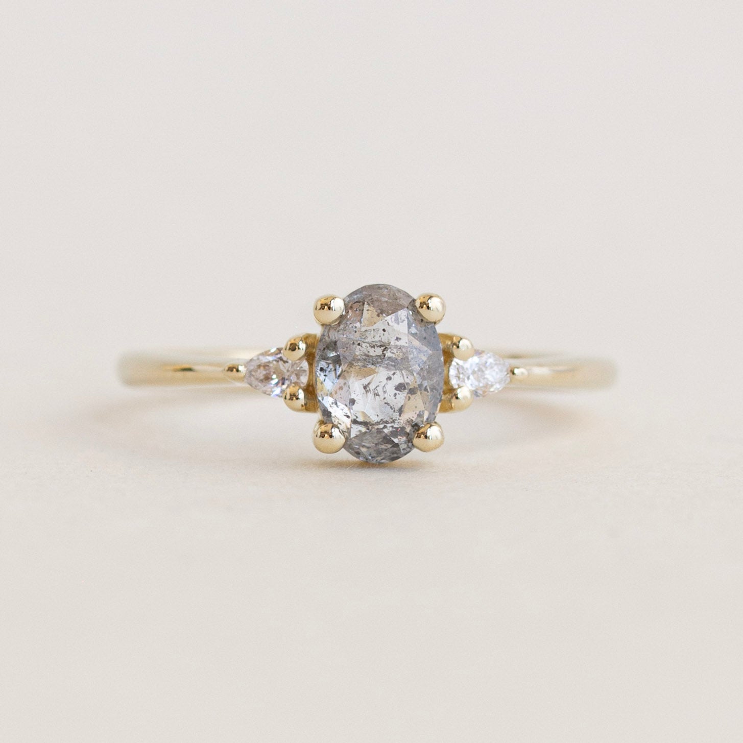 Salt And Pepper Diamond Engagement Ring with Pear Side Stones