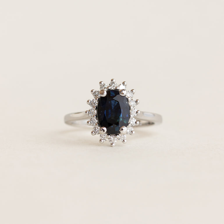 Oval Blue Sapphire Halo Engagement Ring