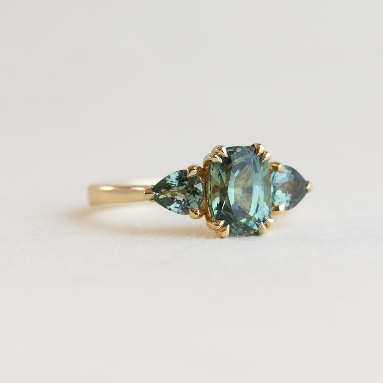 Teal Sapphire Three-Stone Engagement Ring