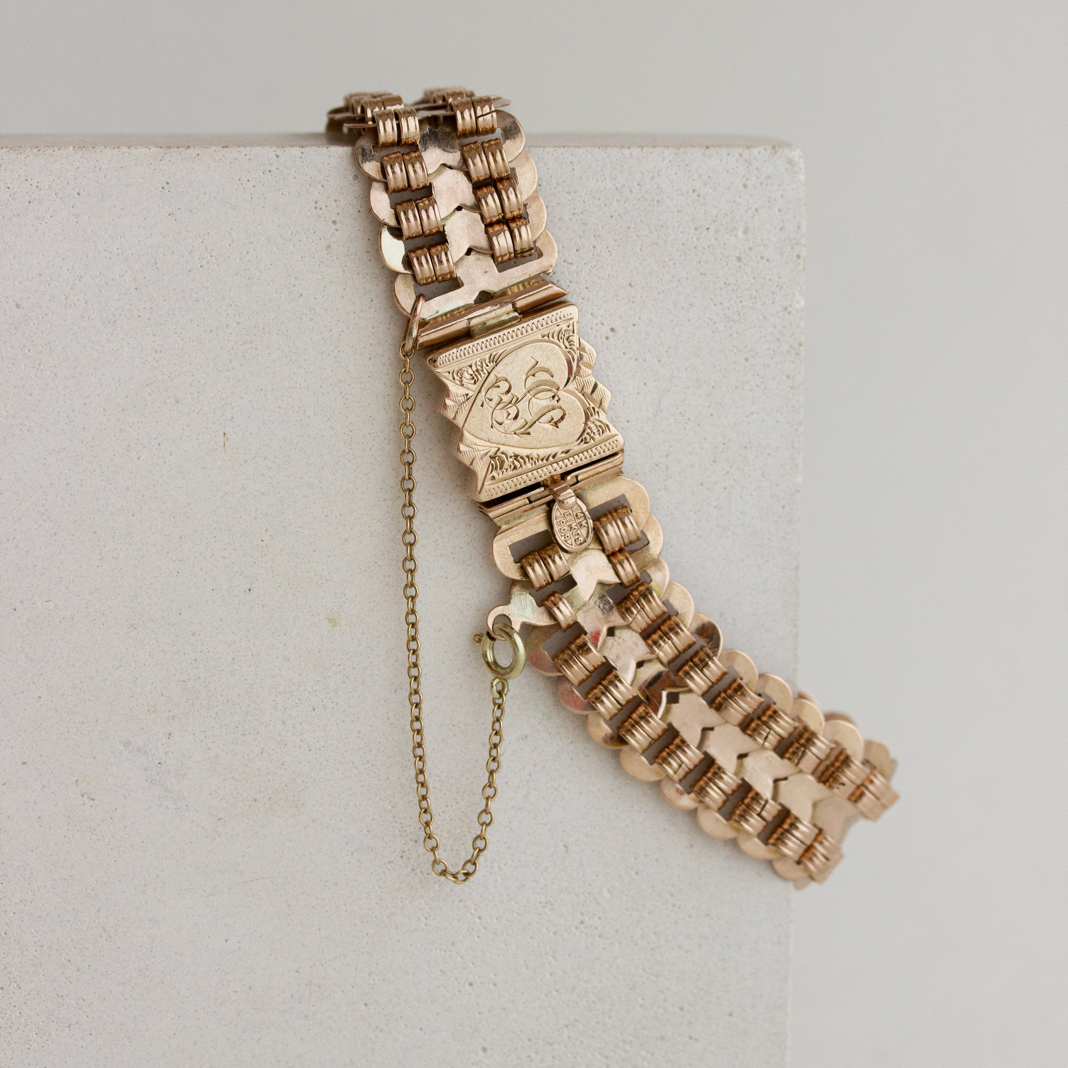 vintage rose gold chunky bracelet with engraving detail