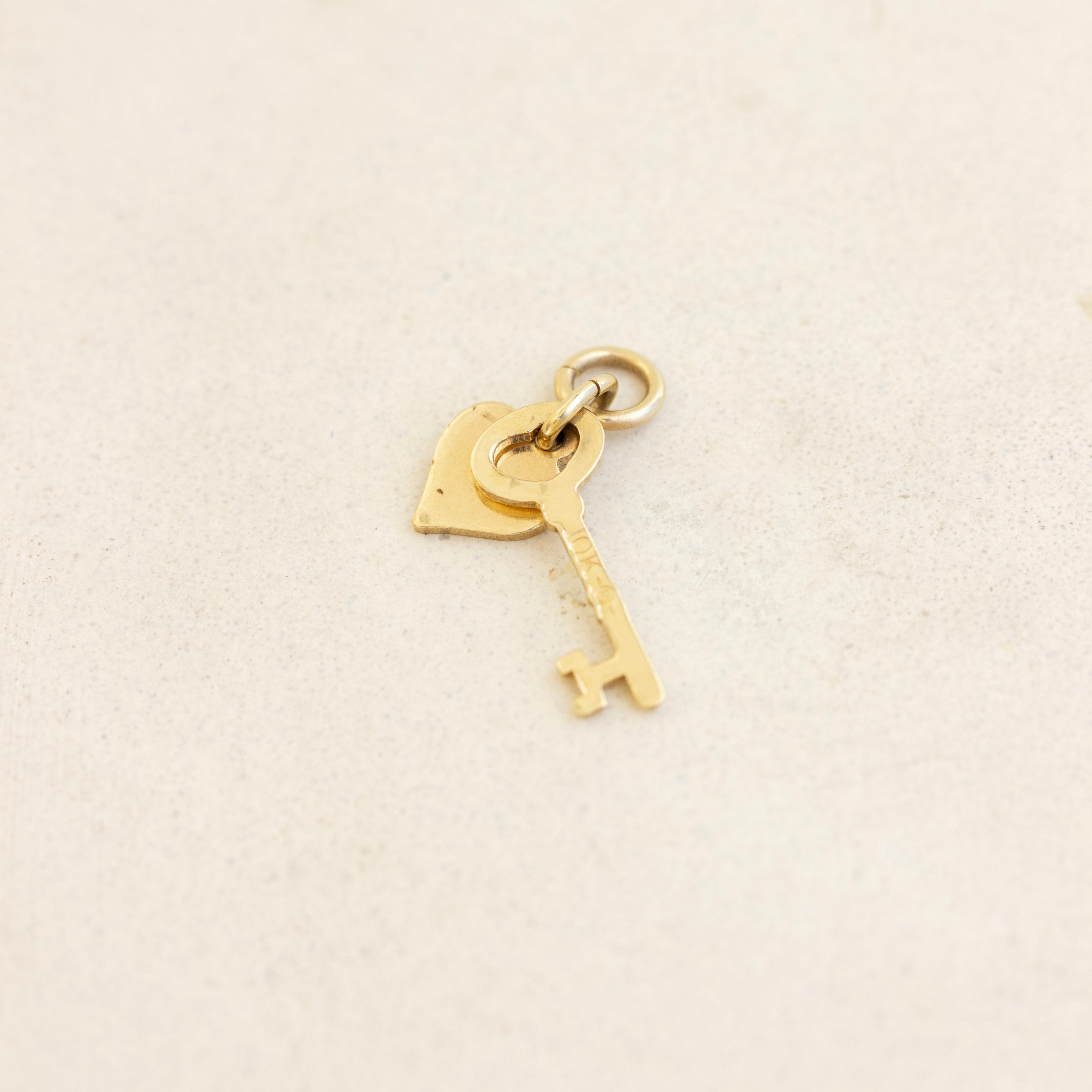 vintage key and heart charm 10K gold