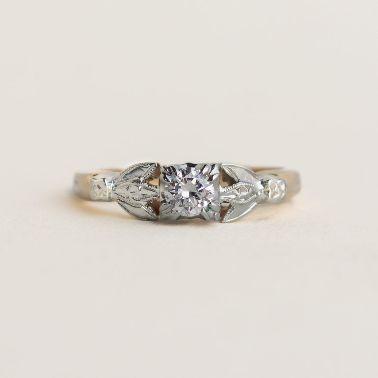 Vintage Leaf Motif Diamond Engagement Ring