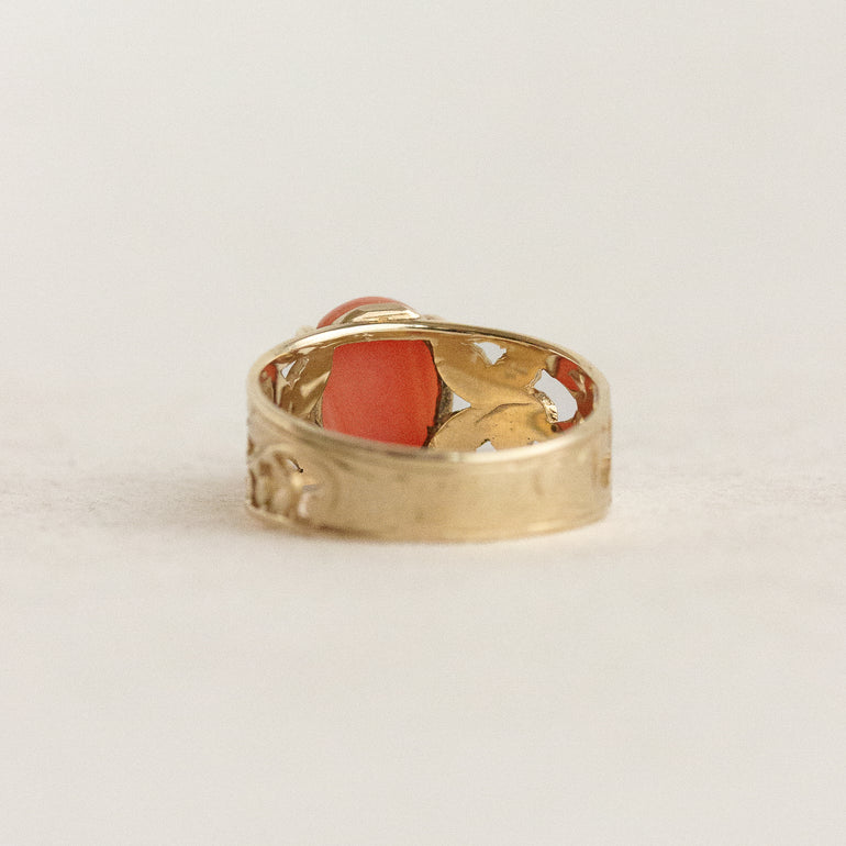Vintage Coral Floral Filigree Ring