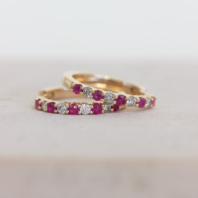 Vintage Ruby & Diamond Hoop Earrings 10K