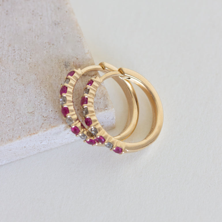Vintage Ruby & Diamond Hoop Earrings 10K