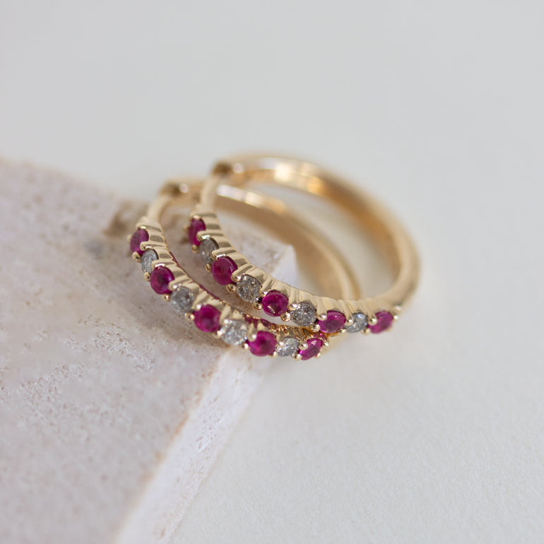 Vintage Ruby & Diamond Hoop Earrings 10K