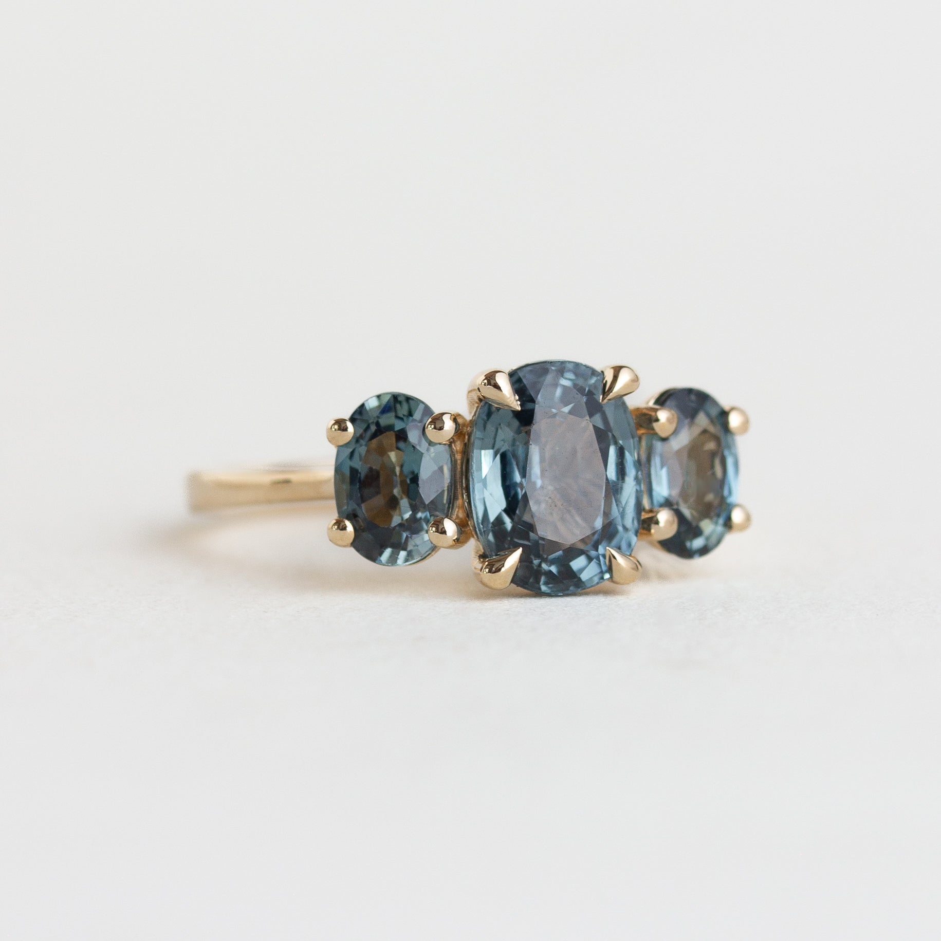 14K gold Isadora ring with three oval blue sapphires