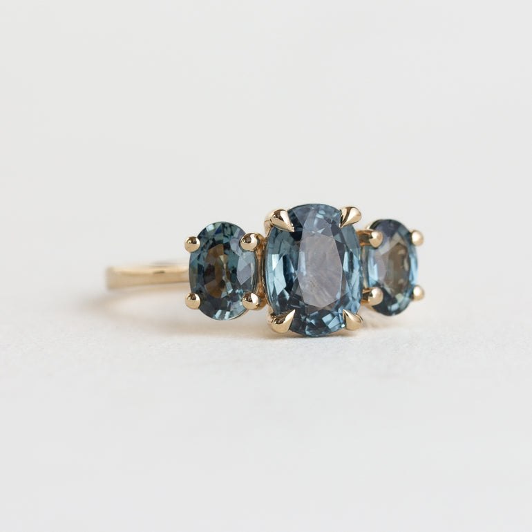 14K gold Isadora ring with three oval blue sapphires