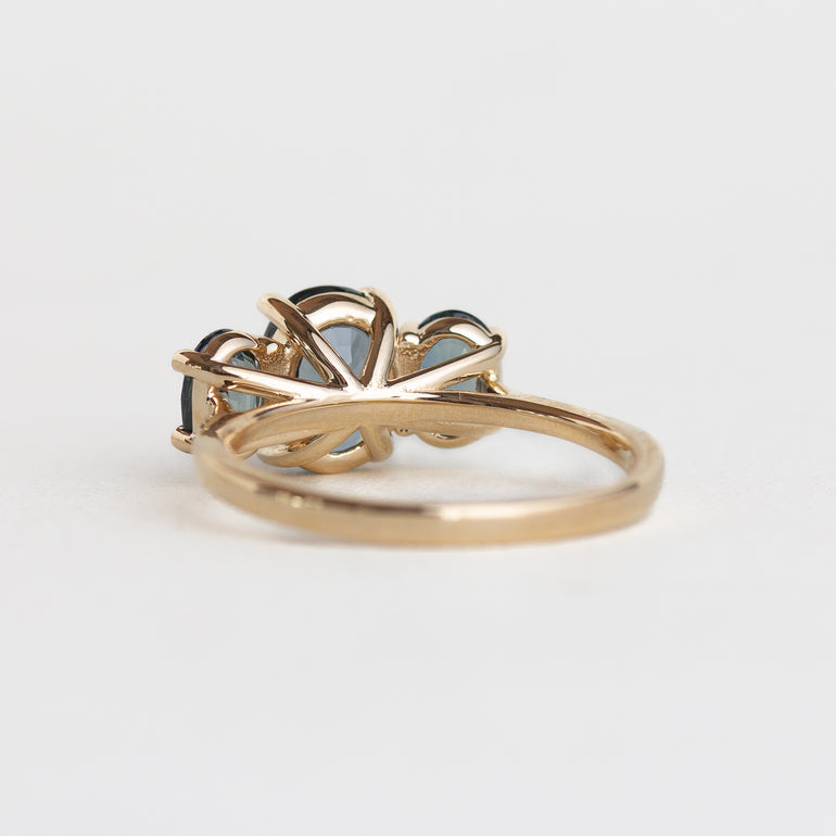14K gold Isadora ring with three oval blue sapphires