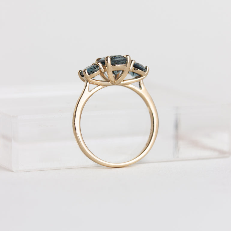 14K gold Isadora ring with three oval blue sapphires